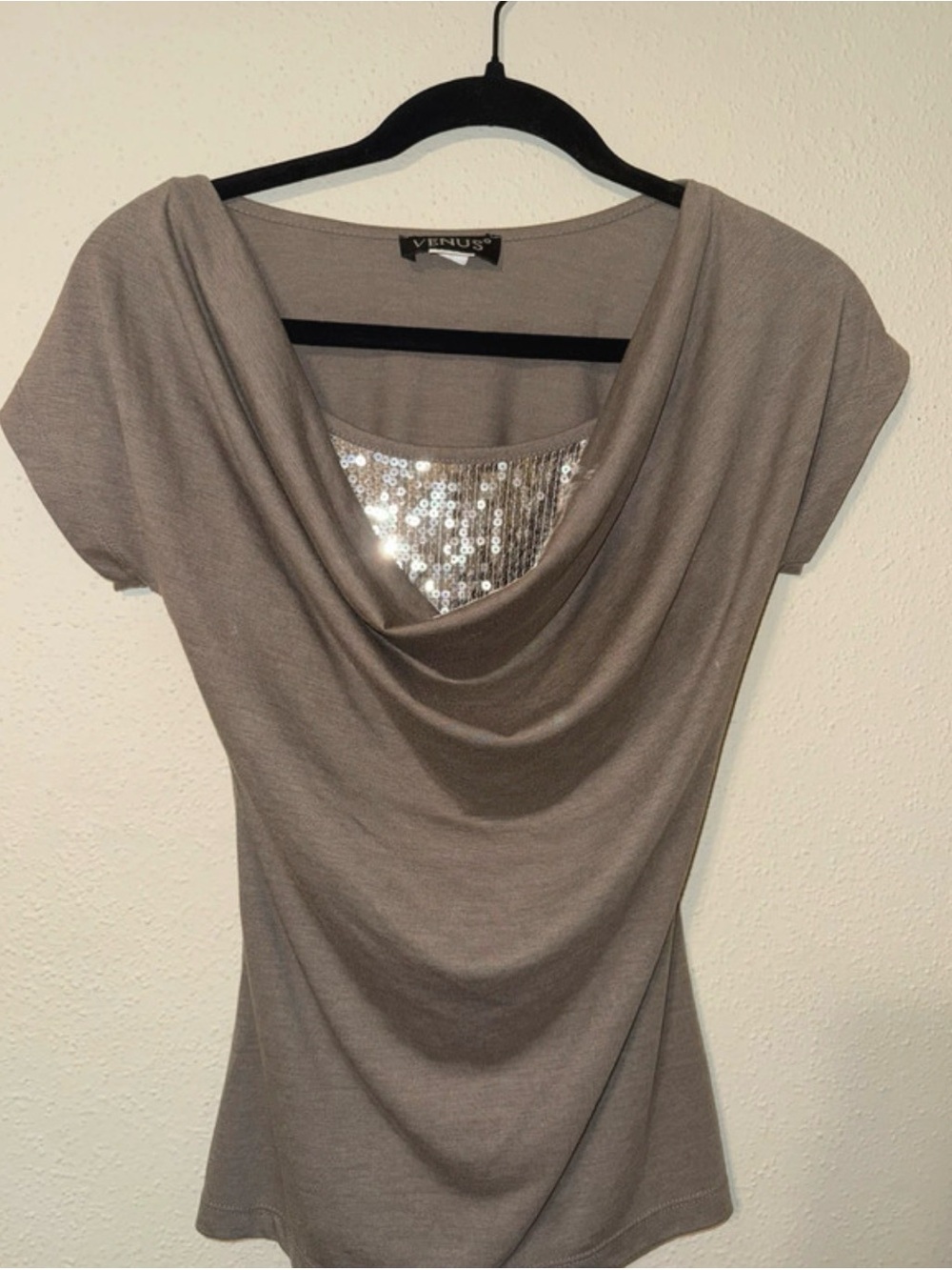 VENUS Taupe Drape Neck Short Sleeve Top with Sequin Inset
